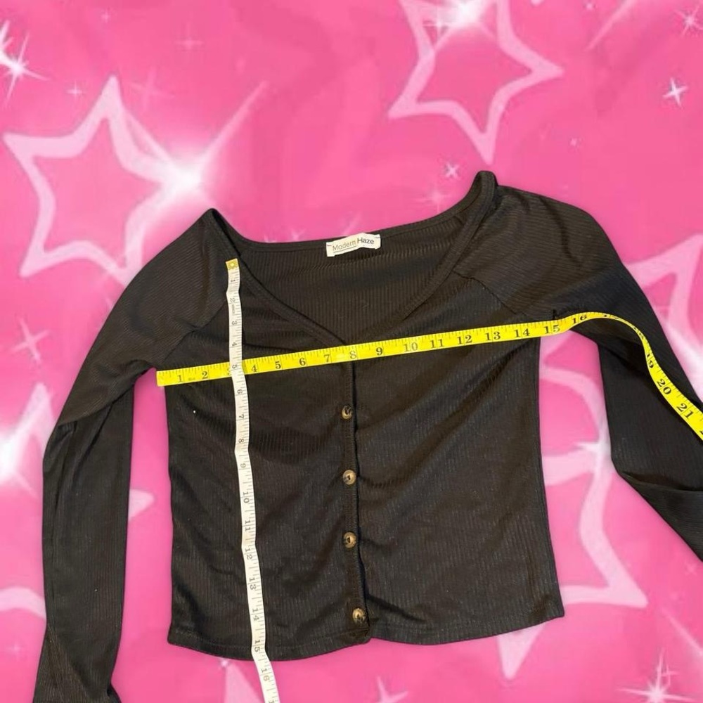 Black Ribbed Button-Front Long Sleeve Top - Picture 5 of 5